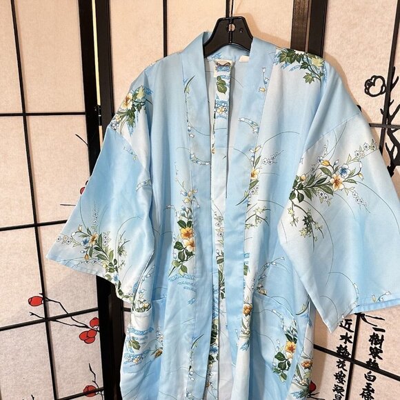 JAPANESE Geisha KIMONO WOMEN'S ROBE GOWN VINTAGE Blue Floral - Picture 2 of 8